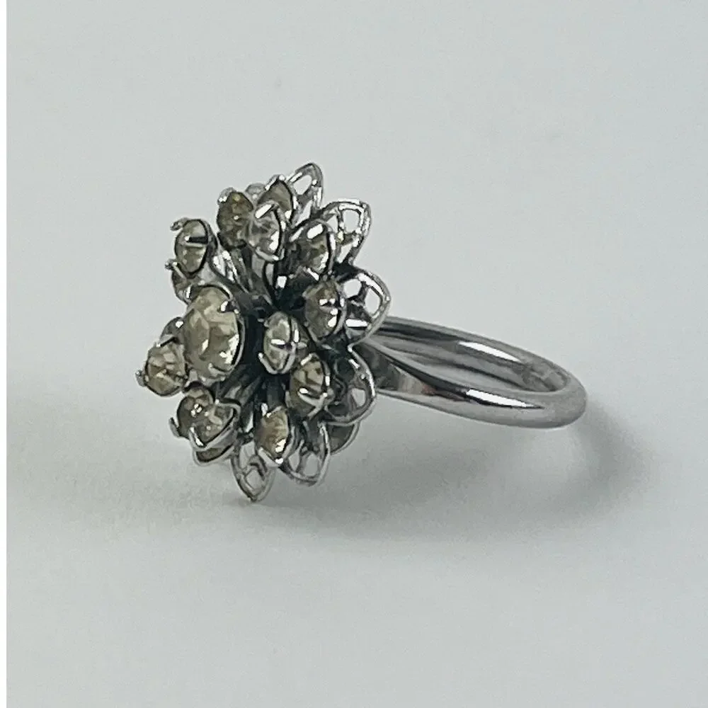 SARAH COVENTRY Rhinestone Flower Ring Silver Tone Vintage Signed Tiered Layered